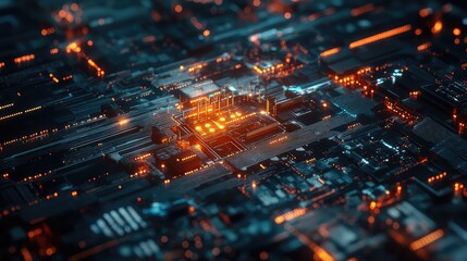 Digital circuit board microchip processing data flowing information