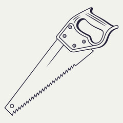 A simple clean line art illustration of a classic hand saw with a wooden handle and a sharp toothed blade isolated on a neutral background