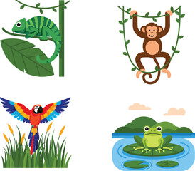 Colorful cartoon illustration of chameleon, monkey, parrot, and frog in natural habitats on white background for jungle wildlife and educational design