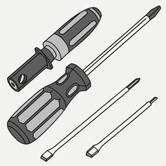A collection of various screwdrivers with different tips and handles presented in a clean illustrative style against a plain background