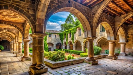 Fototapeta premium Ancient stone cloister courtyard with lush greenery and arches