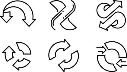 Collection of hand drawn arrow symbols and icons representing direction movement and cycles in a simple line art style
