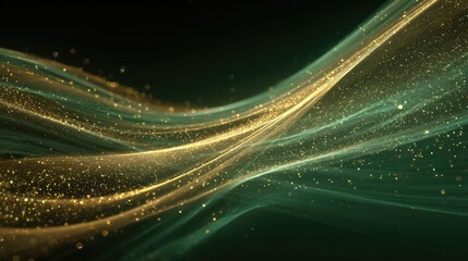 Abstract golden green shimmering light wave flowing background