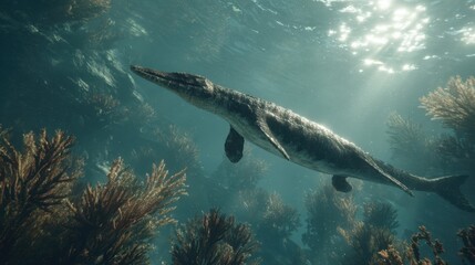 Fototapeta premium Underwater Scene of a Giant Marine Reptile Swimming Near Coral Reef During Daylight