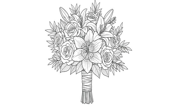 A detailed line art illustration of a beautiful wedding bouquet featuring roses and lilies, perfect for invitations or decorations