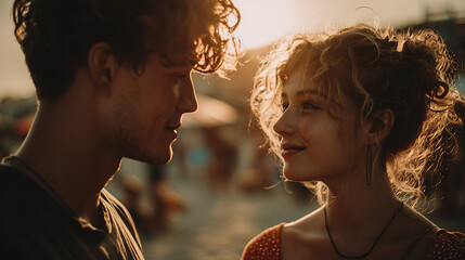 young couple sharing eye contact on the coastline with soft beach light, reflecting love, romance, emotional warmth and a tranquil seaside experience