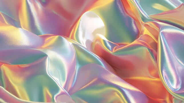 Iridescent holographic fabric creating abstract pastel waves texture