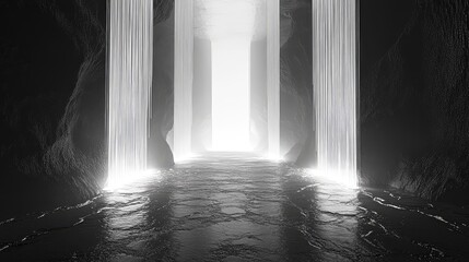 Tunnel of light with water flowing through dark cave