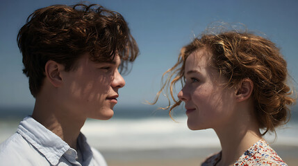 young couple sharing eye contact on the coastline with soft beach light, reflecting love, romance, emotional warmth and a tranquil seaside experience