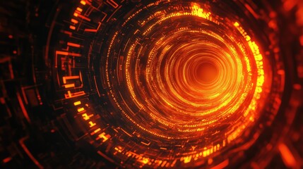 Digital neural network tunnel moving rapidly with glowing orange light
