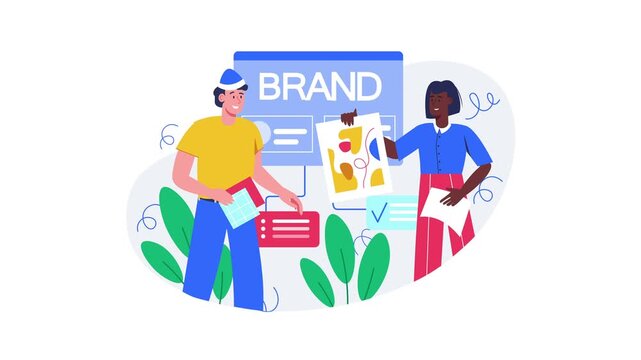 Creative team building a brand identity together, discussing design options and strategies in modern office, generating dynamic marketing solutions