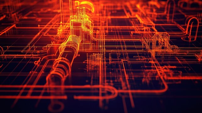 Digital blueprint showing industrial engineering schematic glowing orange