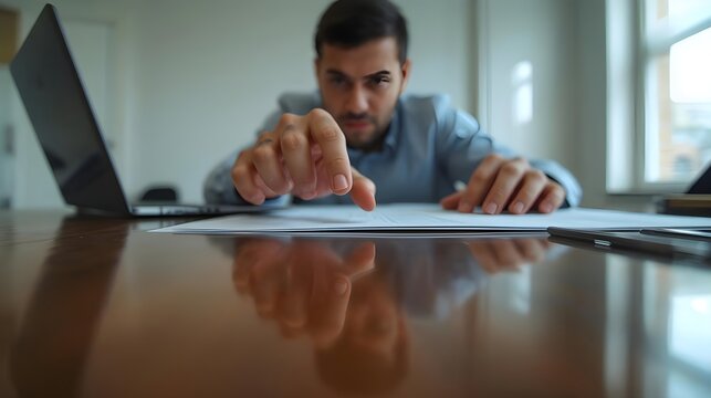 Man points finger at paper on desk, laptop and documents nearby, close-up of anxious business professional