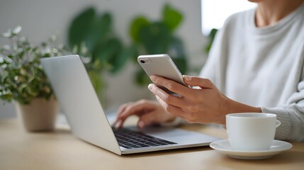 Hands working on laptop and smartphone with coffee