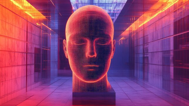 Artificial intelligence data head in futuristic digital environment