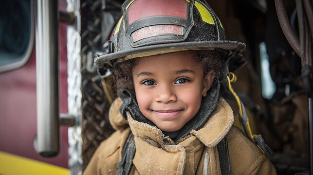 A young girl with curly hair and a beaming smile, proudly donning a firefighter's helmet and gear. She stands in front of a fire truck, embodying courage and community spirit.