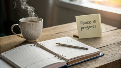 Calm Workspace with Coffee, Notebook, and Sticky Note Expressing Daily Intentions for Mindfulness and Peaceful Living