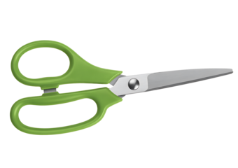 Pair of green-handled scissors with closed blades, made of plastic and metal, positioned horizontally on transparent background