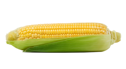 Single ear of fresh yellow corn with green husks partially peeled back to reveal golden kernels on transparent background