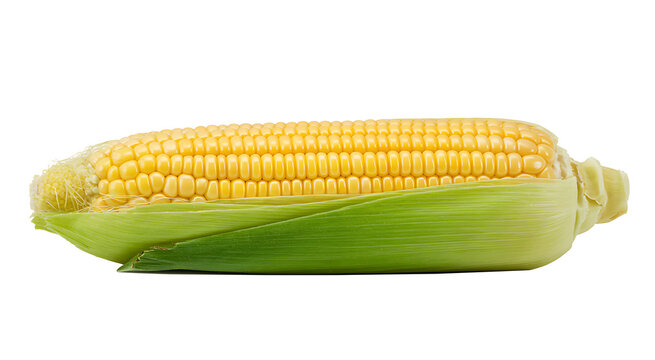 Single ear of fresh yellow corn with green husks partially peeled back to reveal golden kernels on transparent background