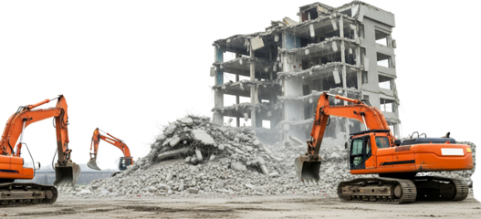 Three orange excavators at a building demolition site amidst rubble and debris construction heavy machinery destruction industrial