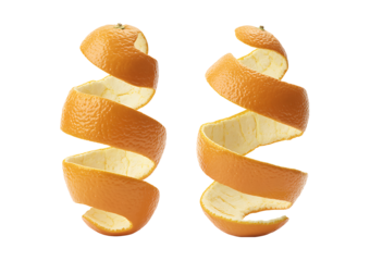 Two vibrant orange peels gracefully spiraling downwards, capturing their fresh texture and citrus essence on a transparent, clean background