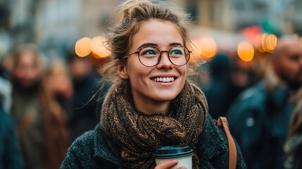 young female walking through a crowded urban street with a coffee cup in hand, smiling brightly with scarf and glasses, highlighting casual lifestyle and travel mood