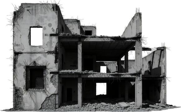 Ruined concrete building with exposed rebar and rubble showing multiple floors and empty window openings Destruction Demolition