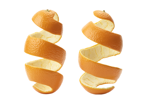 Two vibrant orange peels gracefully spiraling downwards, capturing their fresh texture and citrus essence on a transparent, clean background