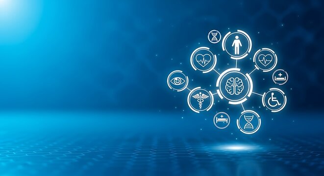 Human brain connects to eye, heart, dna, caduceus, and handicap icons against bright blue