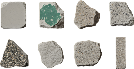 Collection Of Fragmented Concrete Pieces Showcasing Varied Textures And Aggregate Compositions Against A Transparent Background