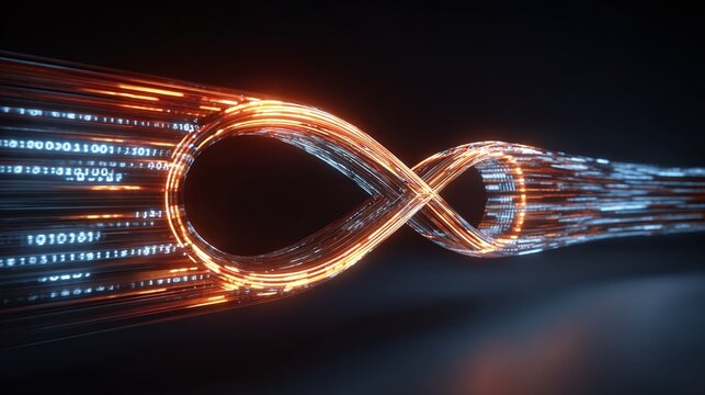 Abstract digital infinity loop with binary code, symbolizing endless data flow, connectivity, and digital transformation. Modern, dynamic tech concept visual.