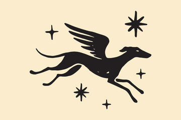 Winged greyhound with stars bold black silhouette vector illustration