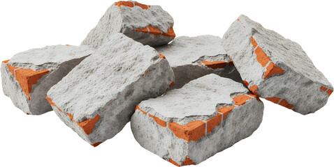 Pile of broken concrete blocks with exposed red brick pieces showing rough textures and jagged edges debris rubble construction