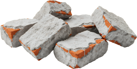 Pile of broken concrete blocks with exposed red brick pieces showing rough textures and jagged edges debris rubble construction