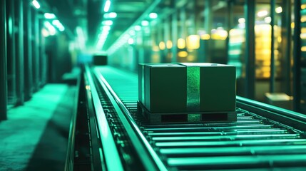 Package box moving on conveyor belt in modern warehouse