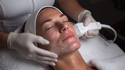 Woman receives a rejuvenating facial treatment with a specialized device. The technician gently glides the device across her face, enhancing her skin's natural beauty.