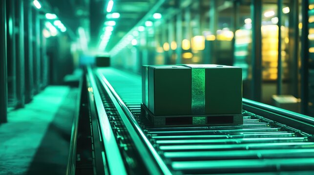 Package box moving on conveyor belt in modern warehouse