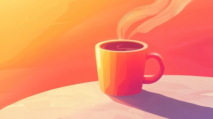 Warm coffee mug steaming at sunrise