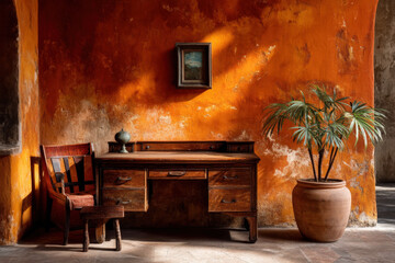 Warm terracotta plaster wall with walnut desk and right column in soft afternoon light
