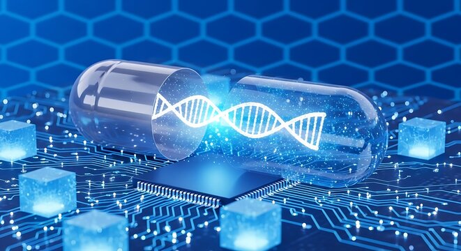 A clear capsule reveals bright DNA strands, placed above integrated circuit in blue tone