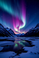 Northern Lights over Frozen Mountain Lake
