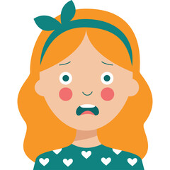 Young Girl With Orange Hair And Blue Headband Looks Surprised With Wide Eyes And Open Mouth Wearing Teal Sweater With White Hearts Against A White Background