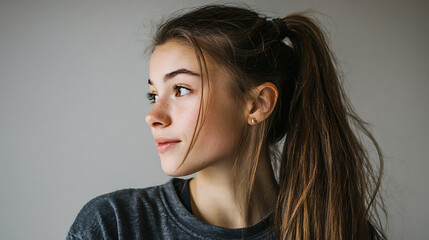 portrait of a young brunette woman with her long hair tied in a ponytail looking confident and relaxed while standing in natural daylight showing beauty elegance and simplicity