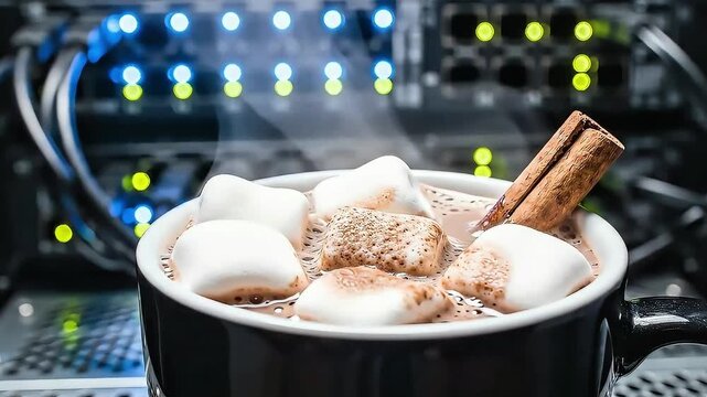 4K, A Mug of Hot Chocolate with Marshmallows in a Cold Data Center