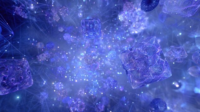 Abstract Digital Network with Glowing Blue Geometric Shapes and Particles