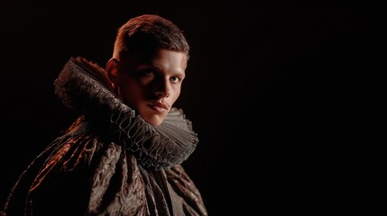 Portrait of a young man in period costume, illuminated against a dark background, with a ruffled collar and textured clothing, showcasing an element of historical fashion.