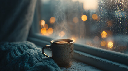 comforting winter scene with a steaming cup of coffee placed on a windowsill evoking warmth peaceful coziness and calm feelings during the cold season indoors