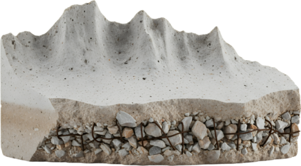 Close up cross section of rough concrete with aggregate and rebar reinforcement showcasing layered materials crosssection