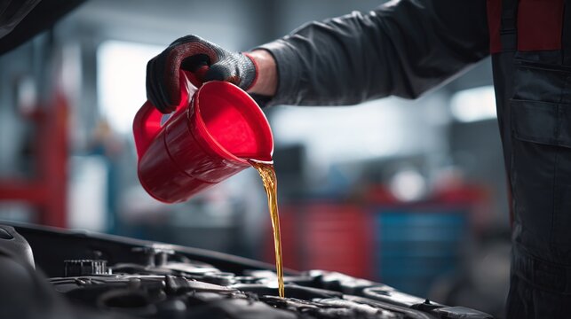 Mechanic pouring motor oil into a car engine, ensuring smooth operation & optimal performance. Routine maintenance crucial for vehicle longevity & reliability. Trust the professionals.